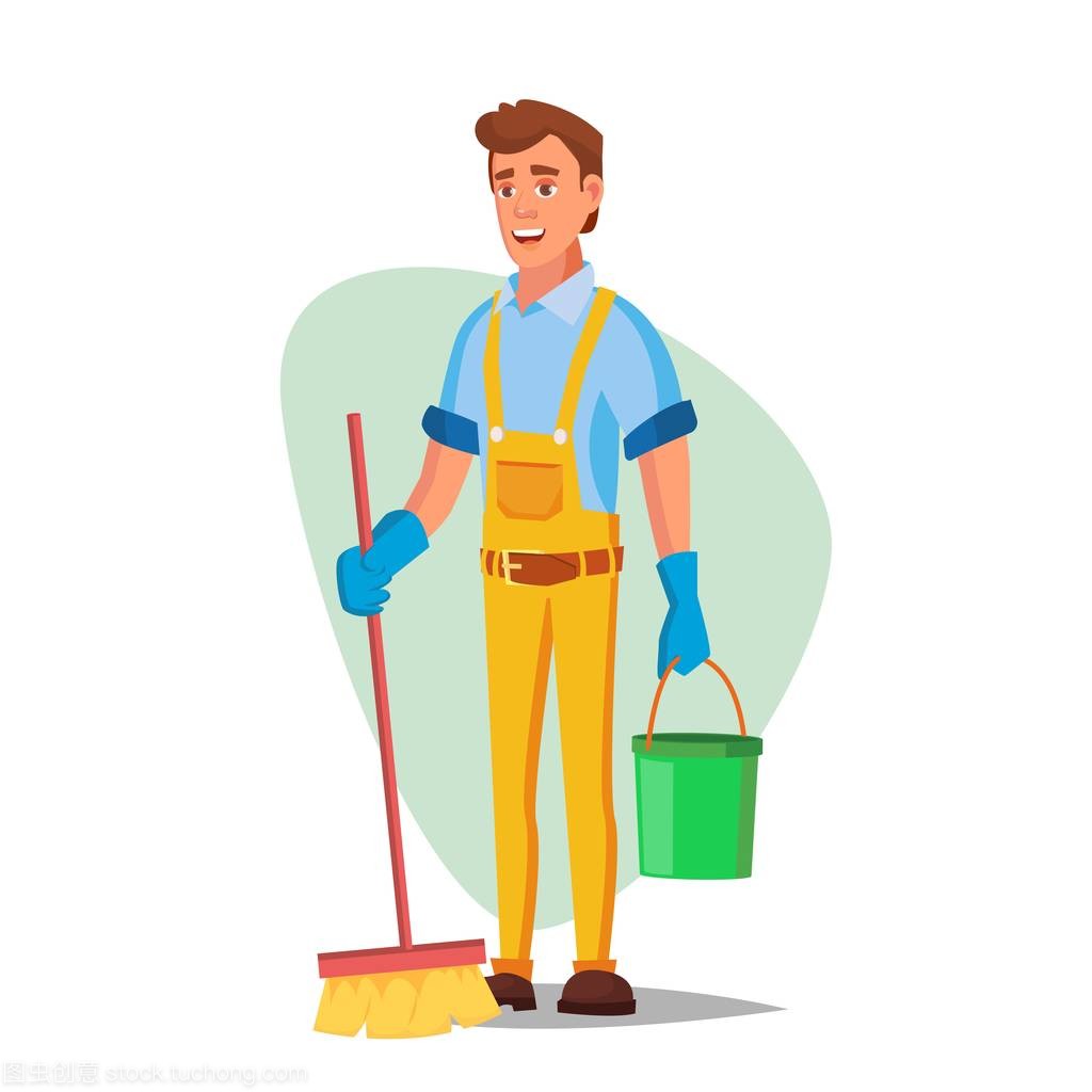 辦公室清潔服務向量。洗衣機, 掃帚孤立的白色卡通人物插圖